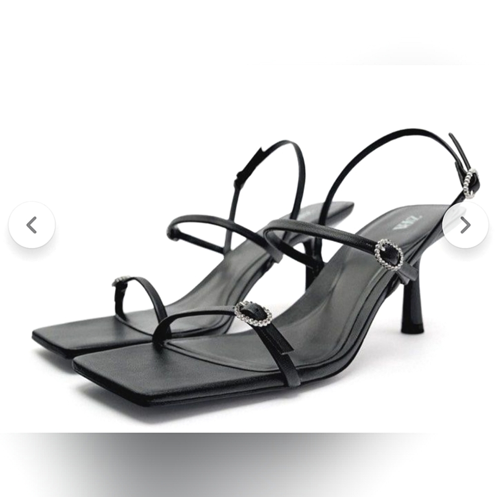 NWT Zara Strappy Heels with Rhinestone Buckles Size 6 Black